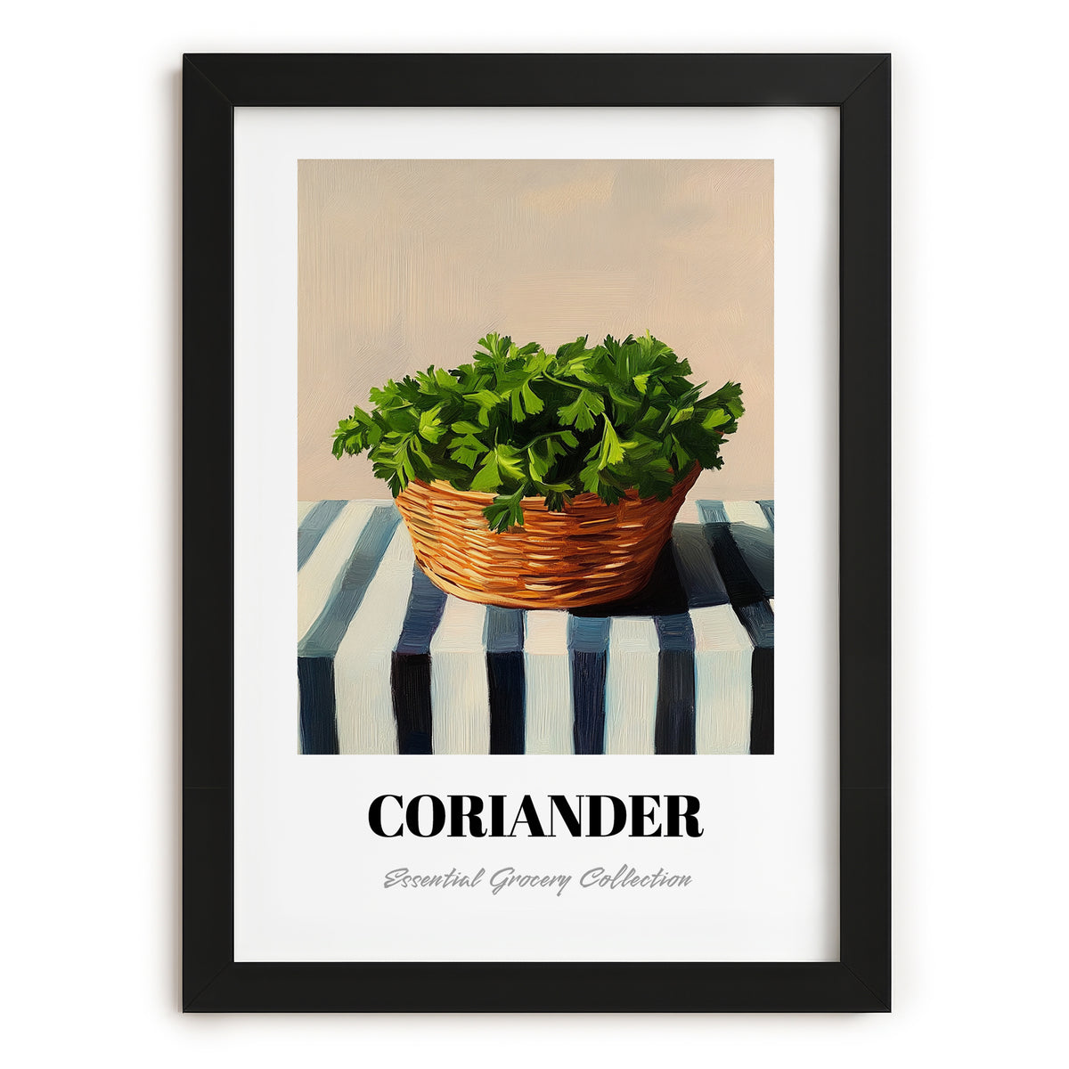 Coriander – on Striped Tablecloth, Fresh Herbs Still Life, in sleek black frame