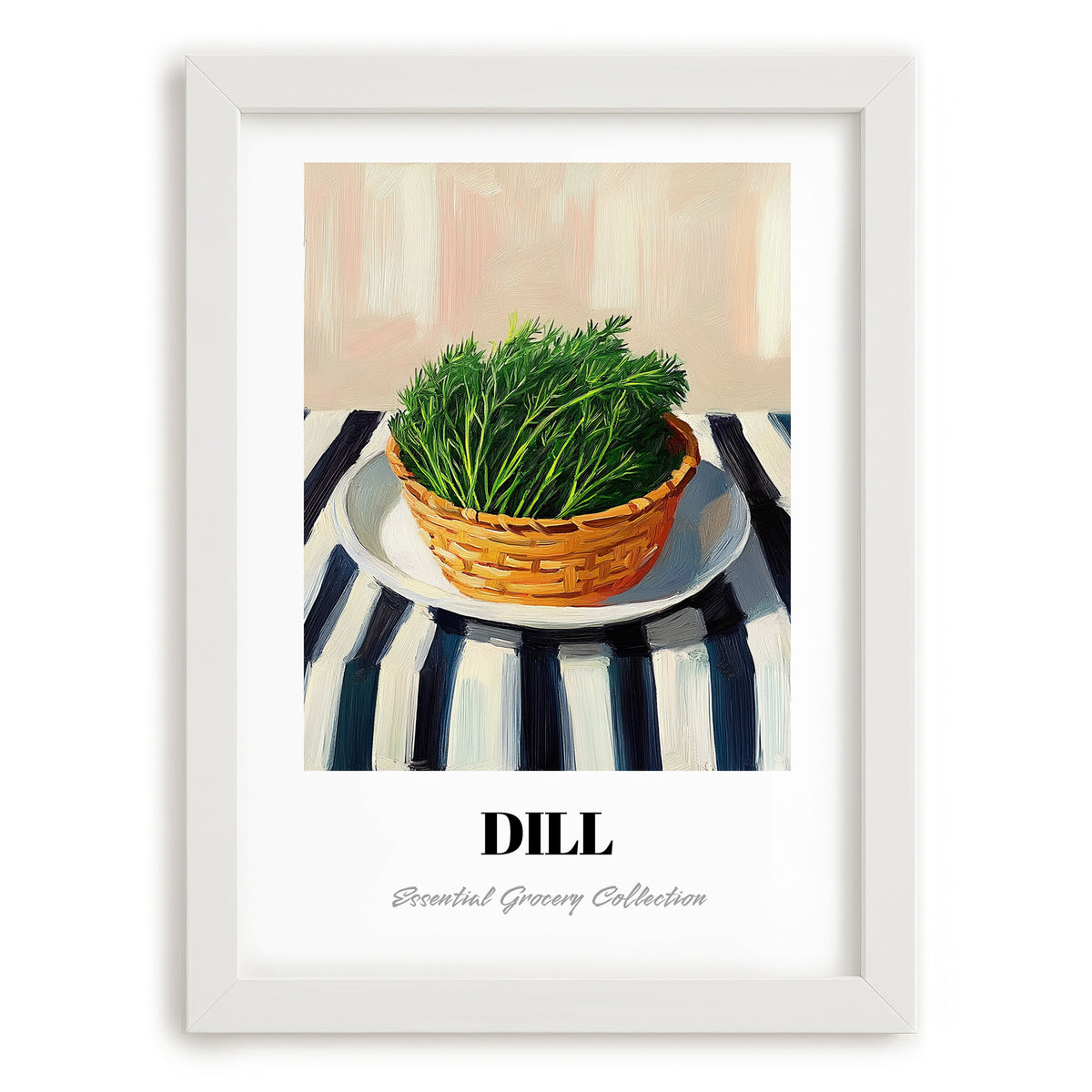 Dill – on Striped Tablecloth, Fresh Herbs Wall Decor, placed in minimal white frame