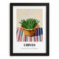 Chives – on Striped Tablecloth, Fresh Herbs Still Life, in sleek black frame