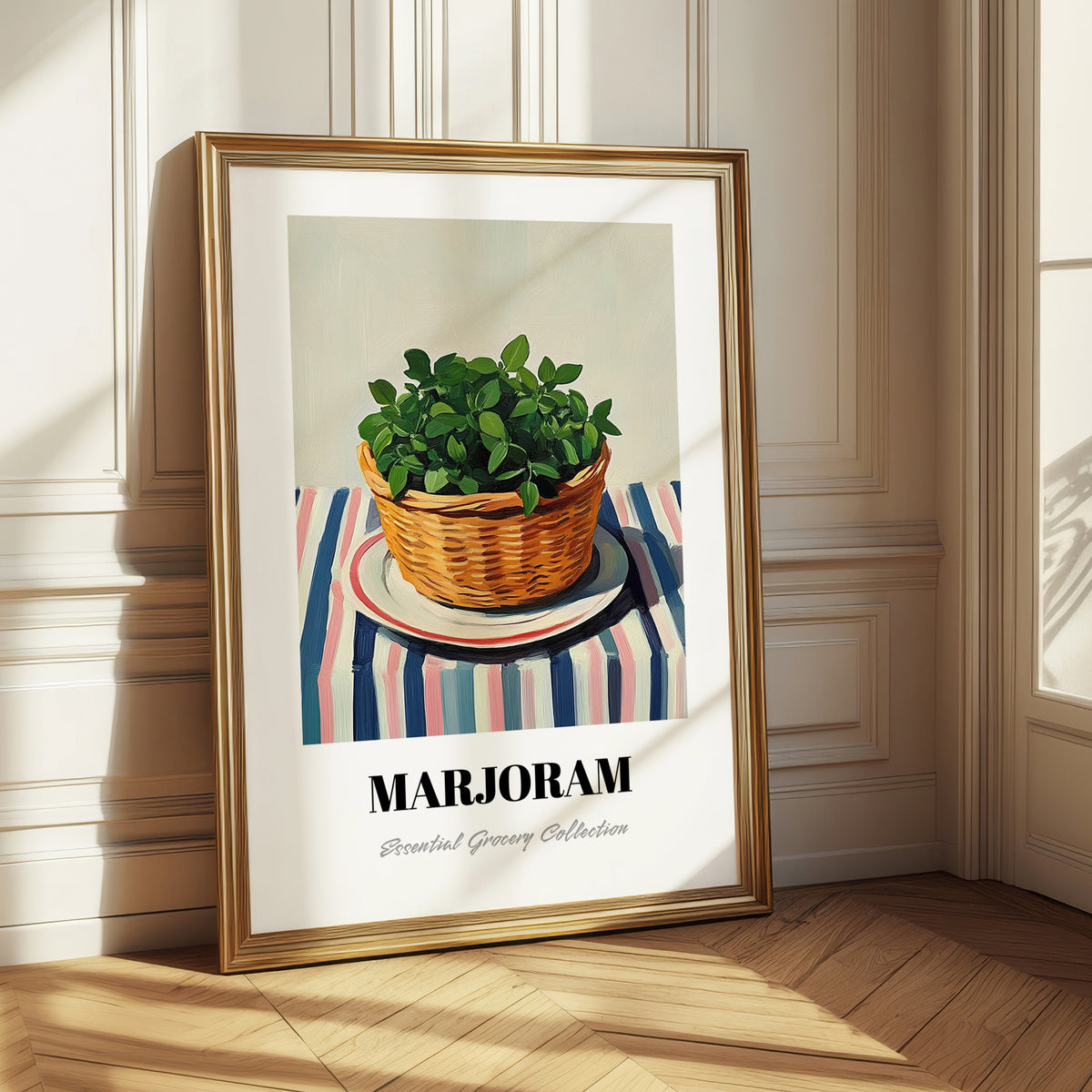 Marjoram – on Striped Tablecloth, Fresh Herbs Poster