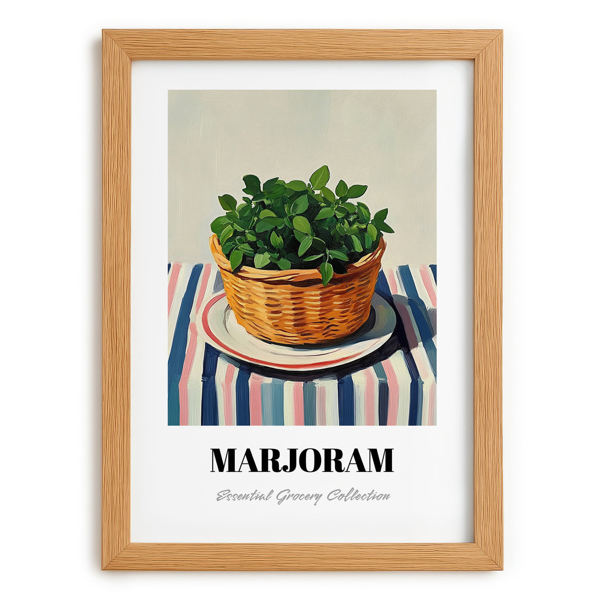 Marjoram – on Striped Tablecloth, Fresh Herbs Poster, set in oak frame