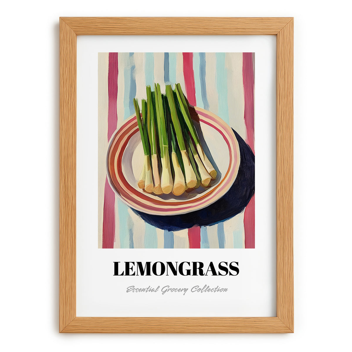 Lemongrass – on Striped Tablecloth, Fresh Herbs Wall Painting, set in oak frame
