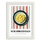 Scrambled Eggs – on Striped Tablecloth, American Food Poster, placed in minimal white frame