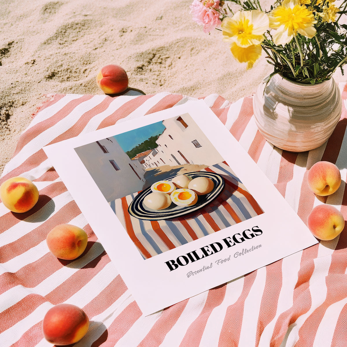 Boiled Eggs – White village Café on the Corner, American Food Wall Print, unframed on coastal sand