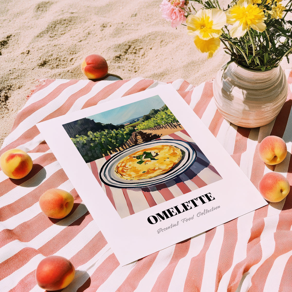Omelette – Hilltop Café Scene, French Food Painting, unframed on coastal sand