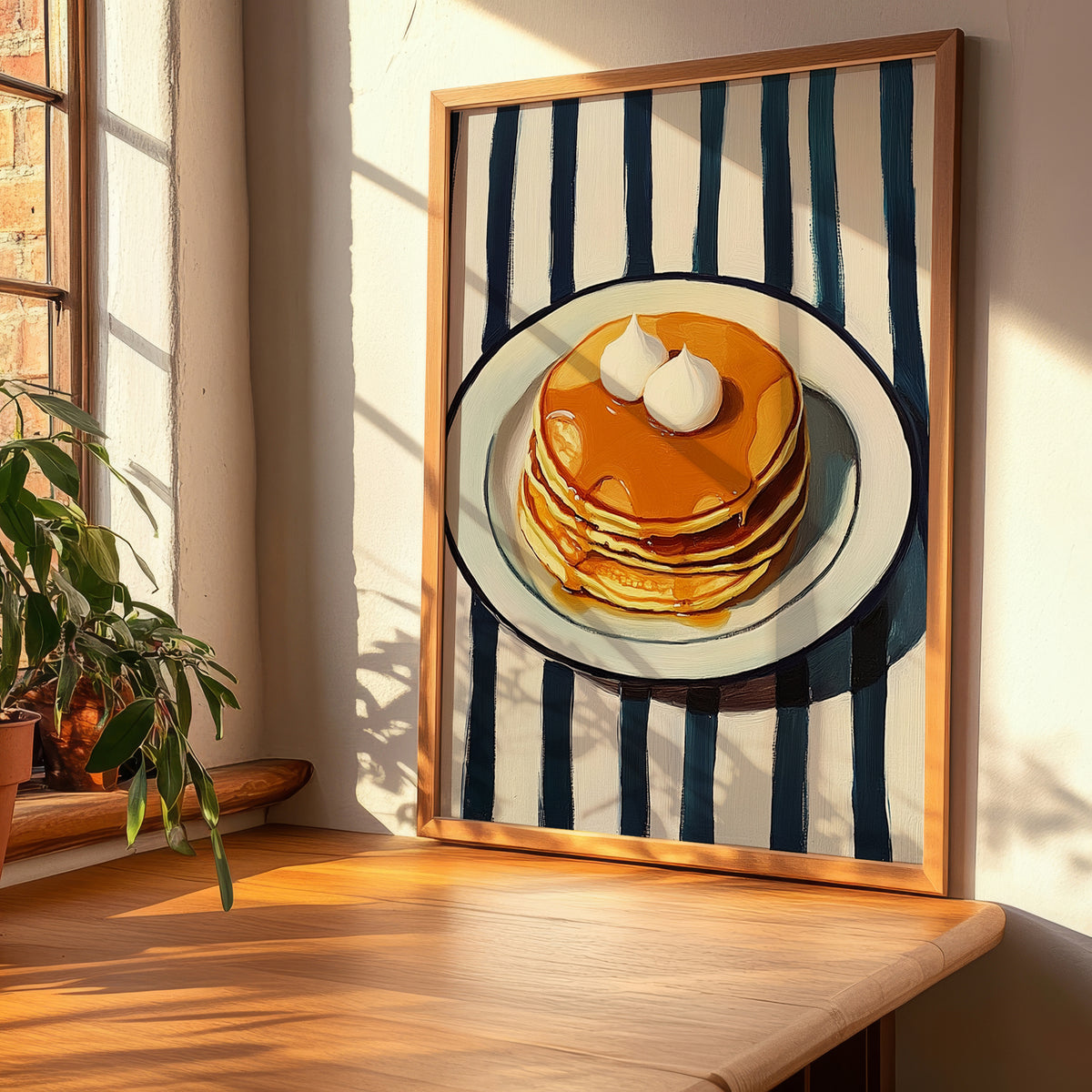 Pancakes – on Striped Tablecloth, American Pastry Wall Decor, clean layout with no caption