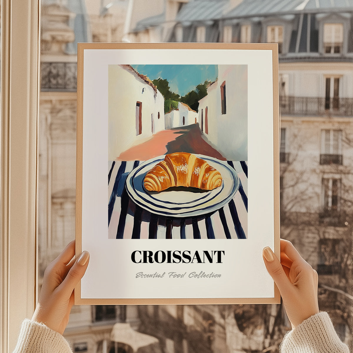 Croissant – White village Street Café Scene, French French Pastry Wall Painting, styled in a charming Paris street view