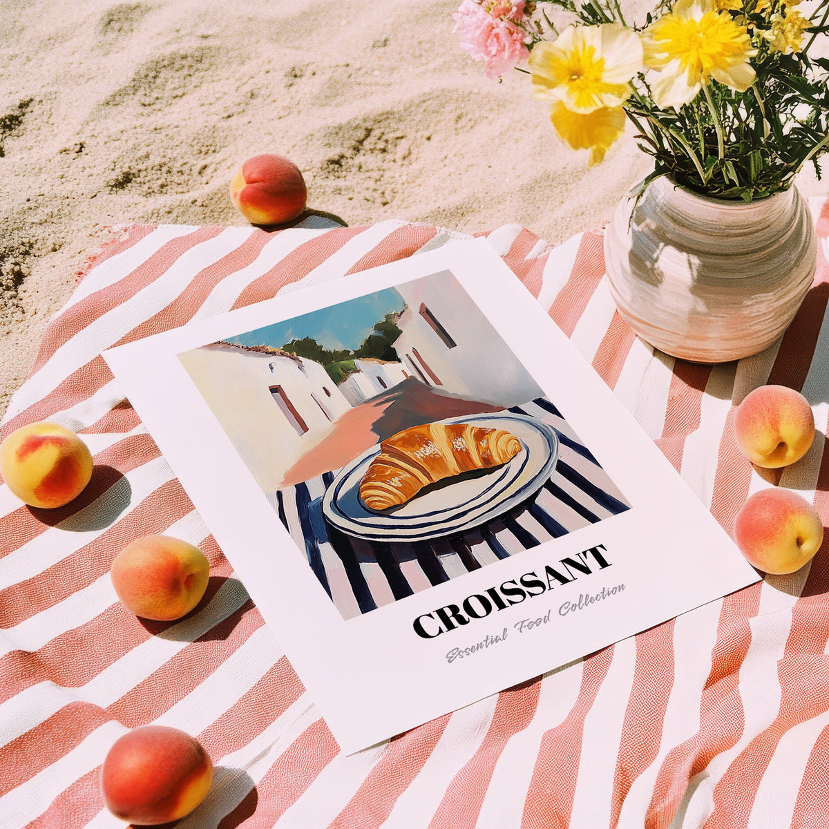 Croissant – White village Street Café Scene, French French Pastry Wall Painting, unframed on coastal sand