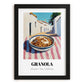 Granola – White village Street Café Scene, American Food Wall Decor, in sleek black frame