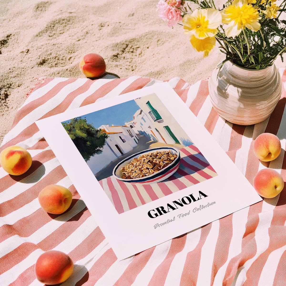 Granola1 – White village Urban Café Scene, American Food Wall Print, unframed on coastal sand