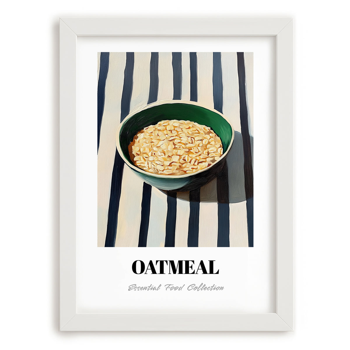 Oatmeal – on Striped Tablecloth, American Food Wall Poster, placed in minimal white frame