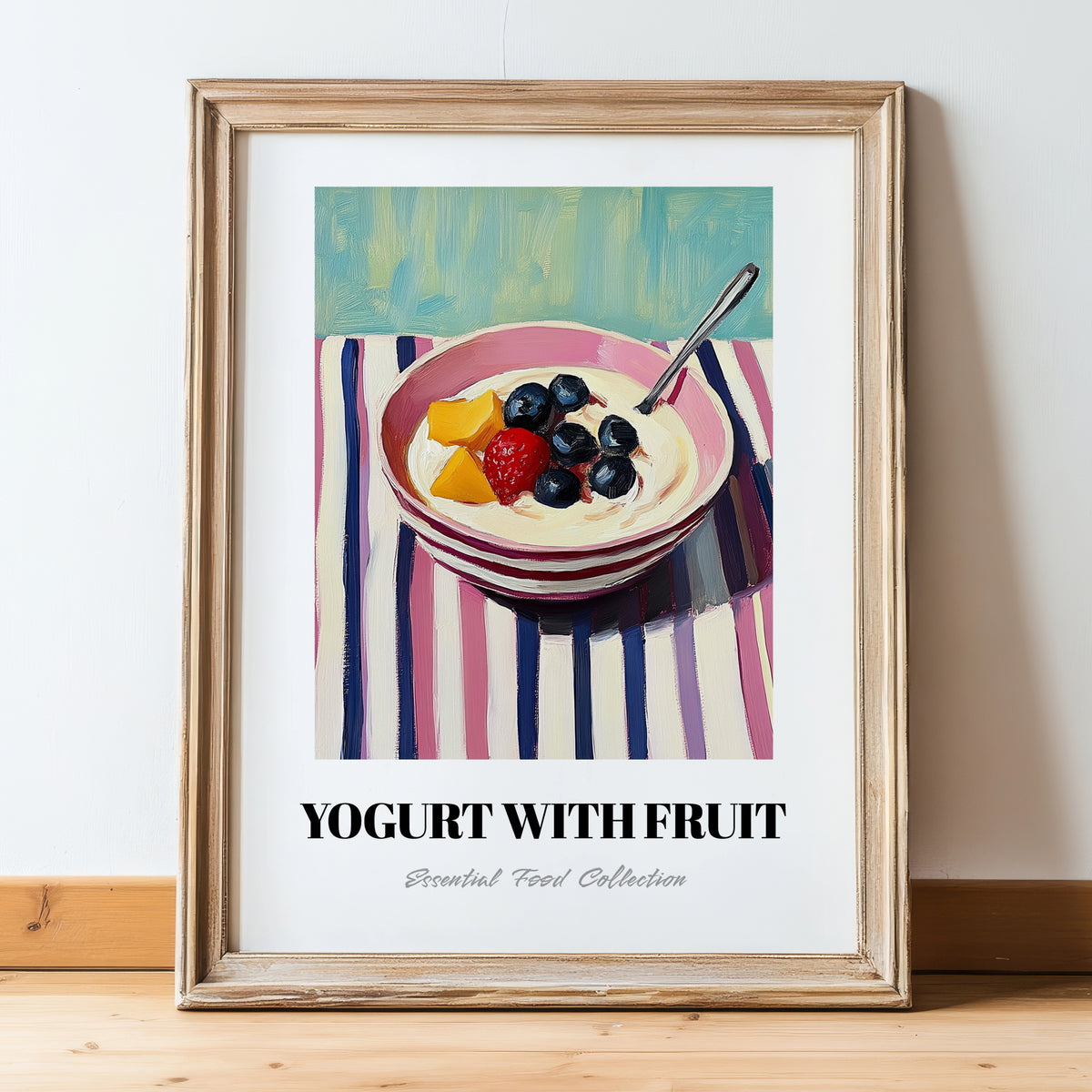 Yogurt With Fruit – on Striped Tablecloth, Greek Food Still Life, in wooden frame leaning on the floor