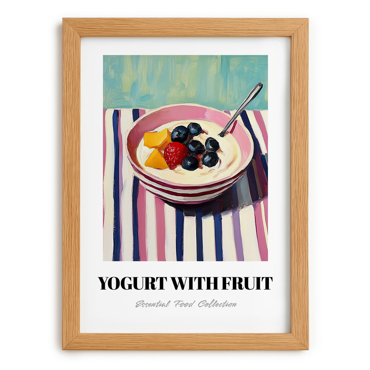Yogurt With Fruit – on Striped Tablecloth, Greek Food Still Life, set in oak frame