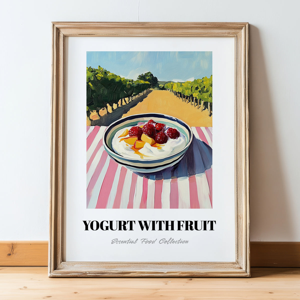 Yogurt With Fruit – Hillside Café View, Greek Food Wall Decor, in wooden frame leaning on the floor