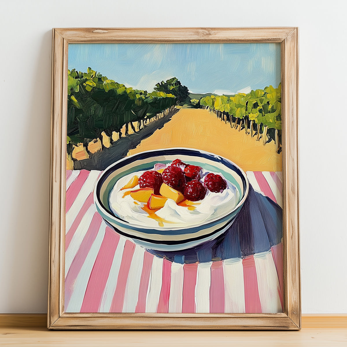 Yogurt With Fruit – Hillside Café View, Greek Food Wall Decor, no-text version framed in wood