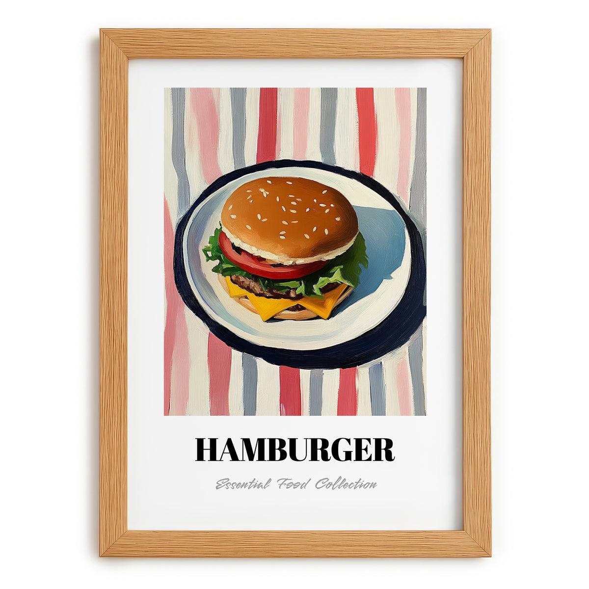 Hamburger – on Striped Tablecloth, American Food Still Life, set in oak frame