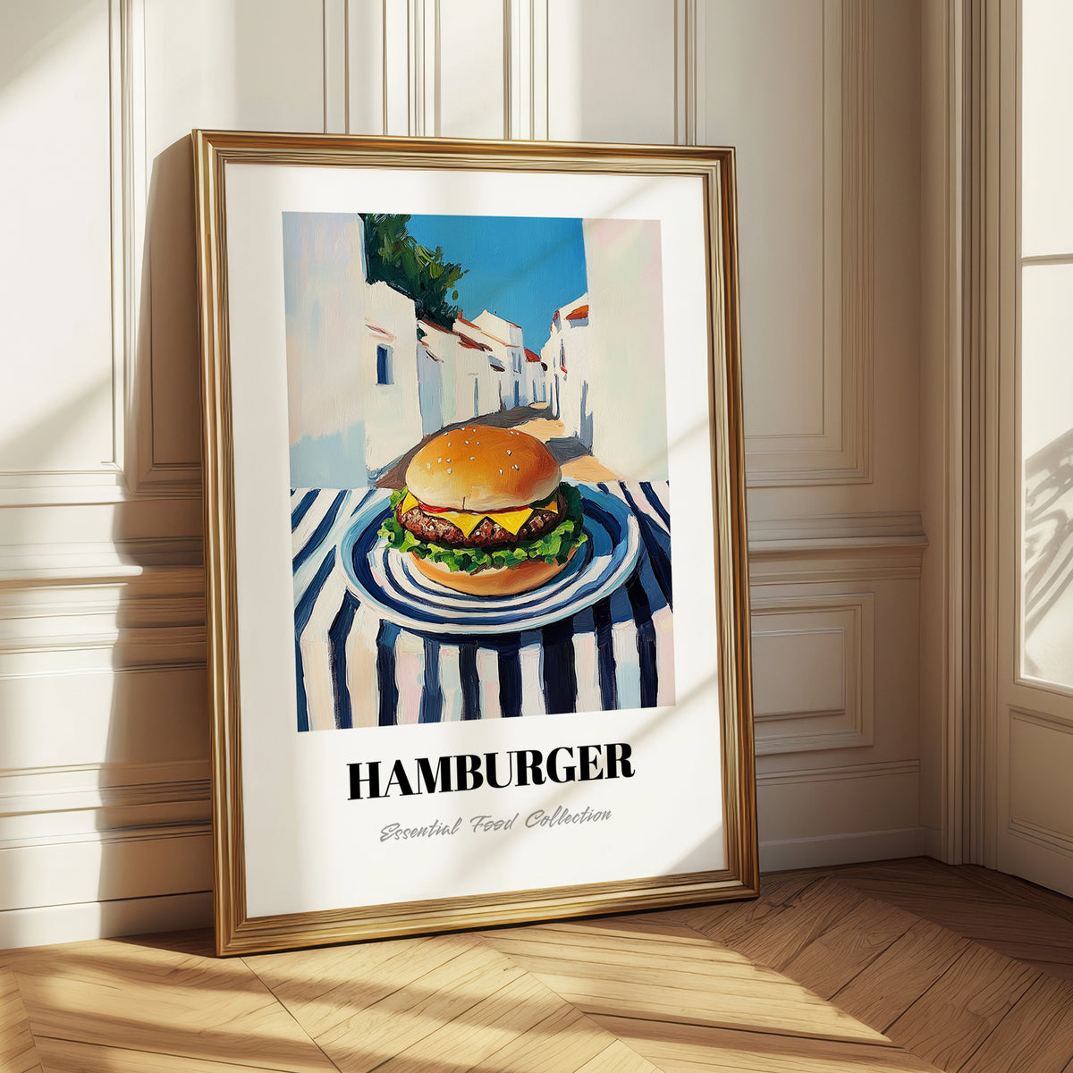Hamburger – White village Street Café Scene, American Food Wall Decor