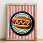 Hot Dog – on Striped Tablecloth, American Food Print, no-text version framed in wood