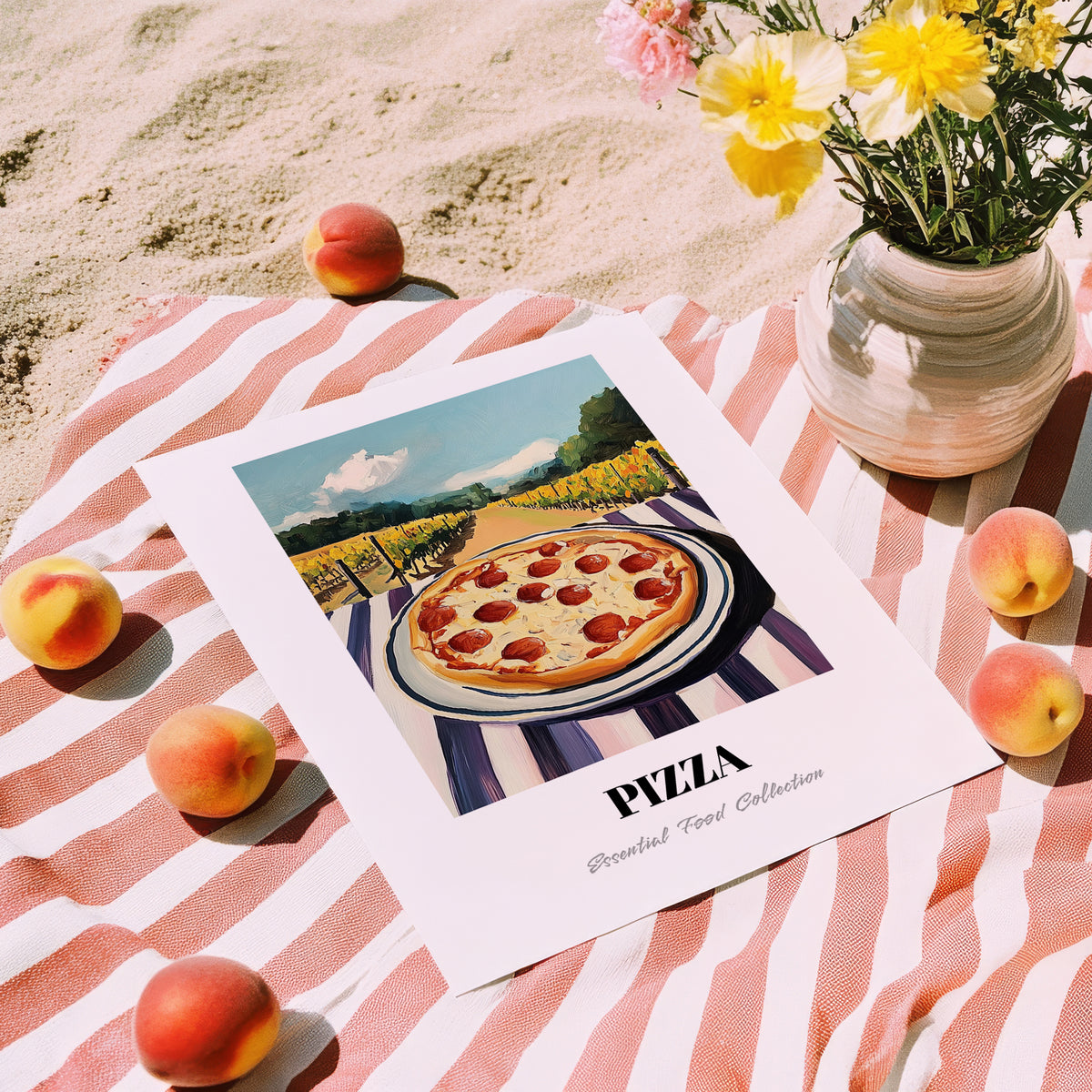Pizza – Hillside Café View, Italian Pizza Wall Decor, unframed on coastal sand