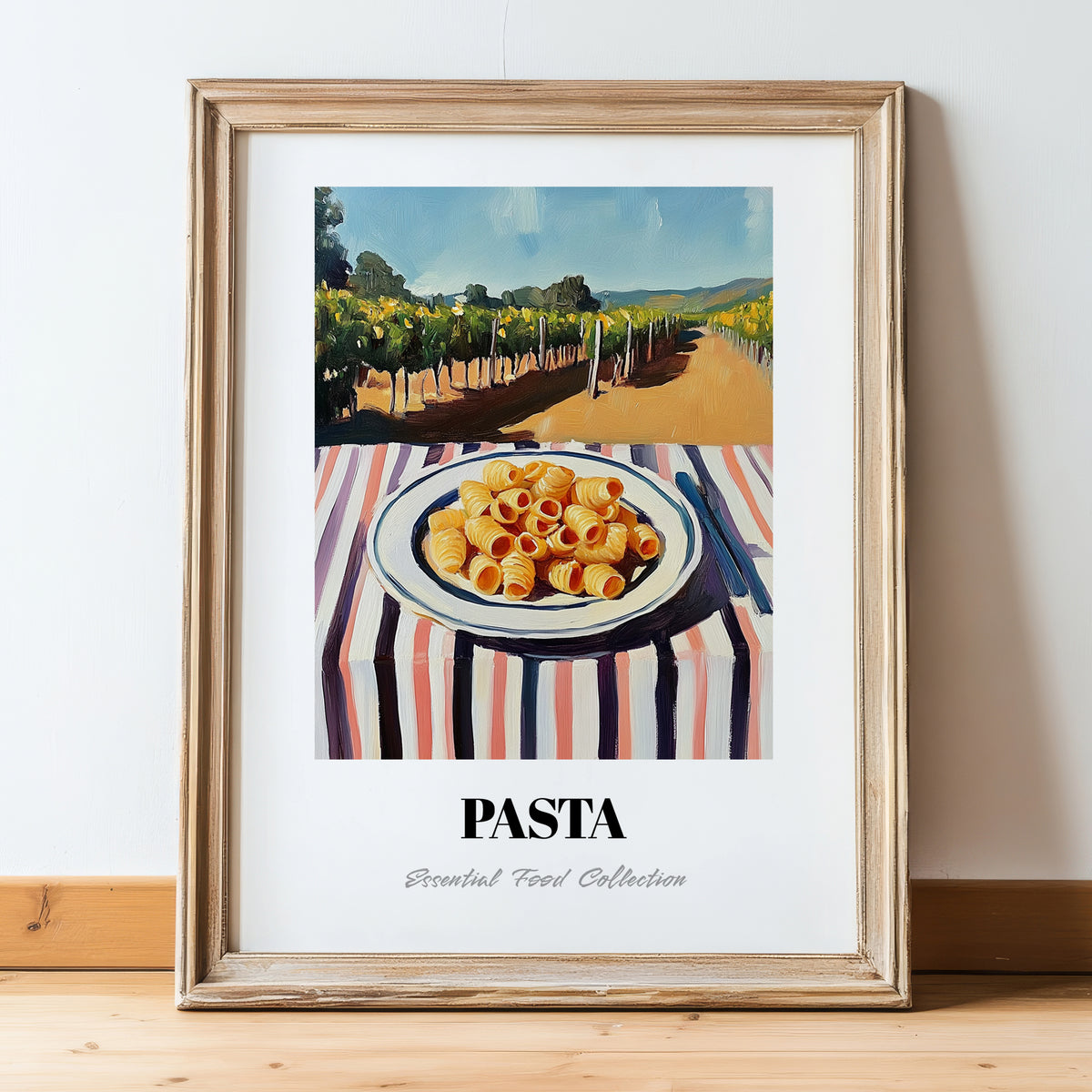Pasta – Hilltop Café Scene, Italian Pasta Painting, in wooden frame leaning on the floor