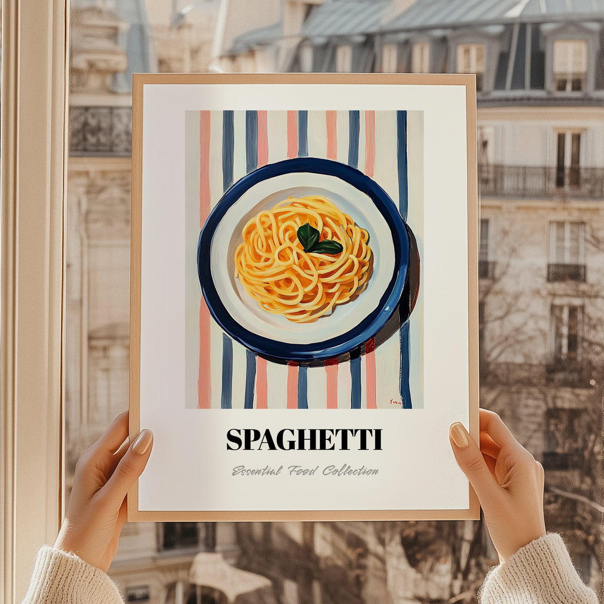 Spaghetti – on Striped Tablecloth, Italian Pasta Still Life, styled in a charming Paris street view