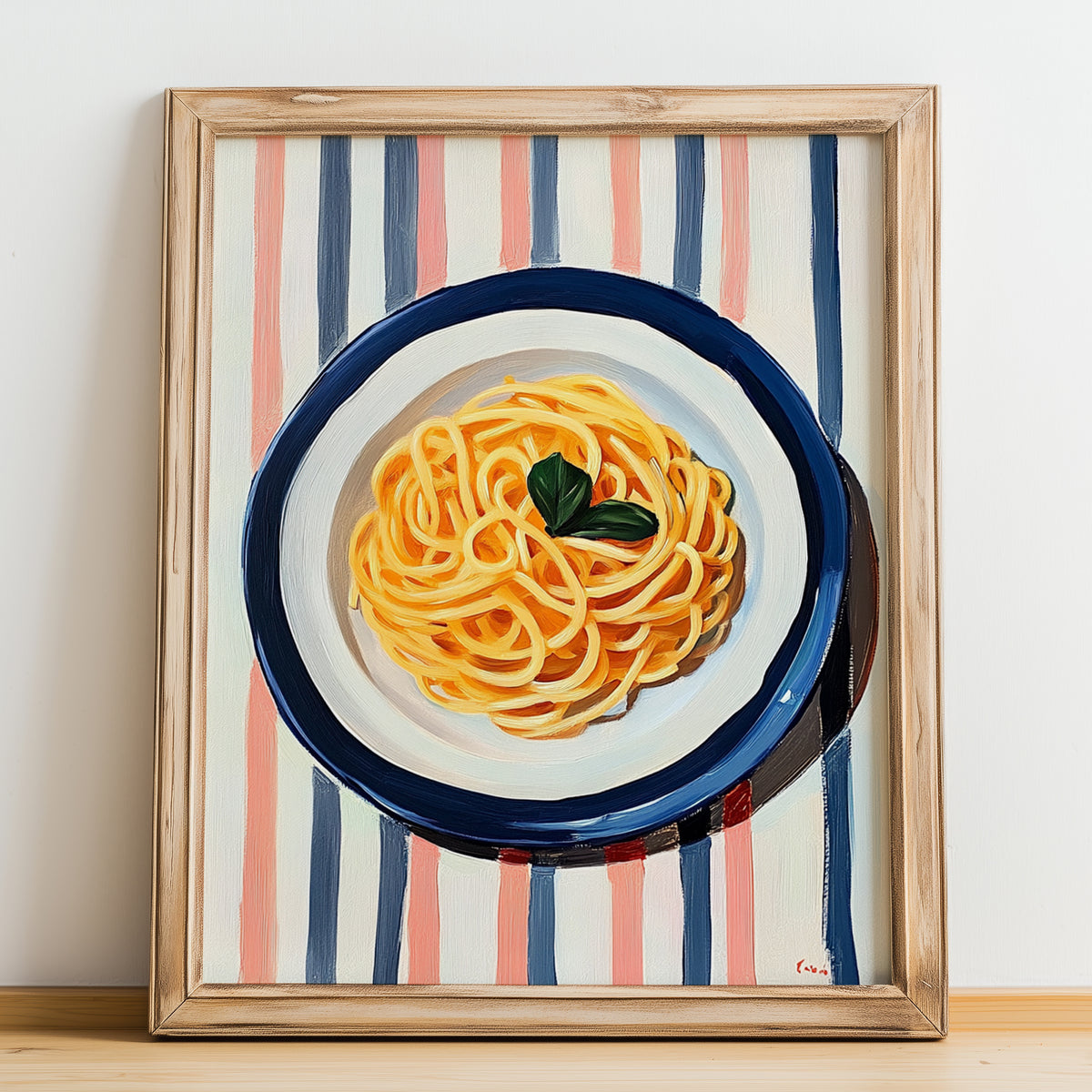 Spaghetti – on Striped Tablecloth, Italian Pasta Still Life, no-text version framed in wood