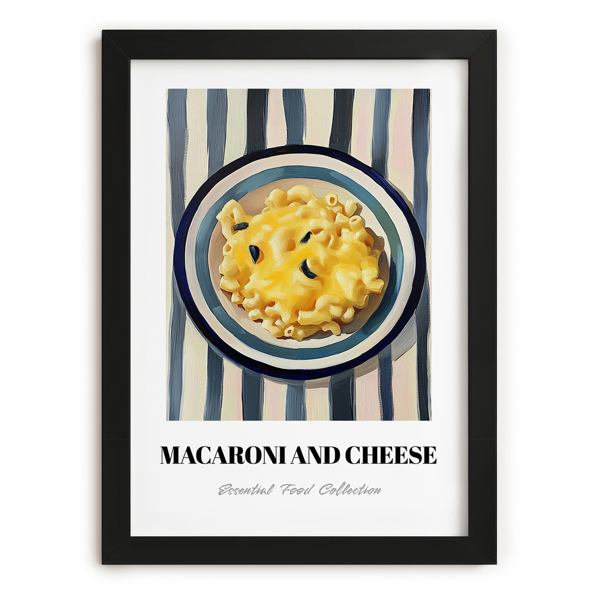 Macaroni And Cheese – on Striped Tablecloth, American Pasta Wall Decor, in sleek black frame