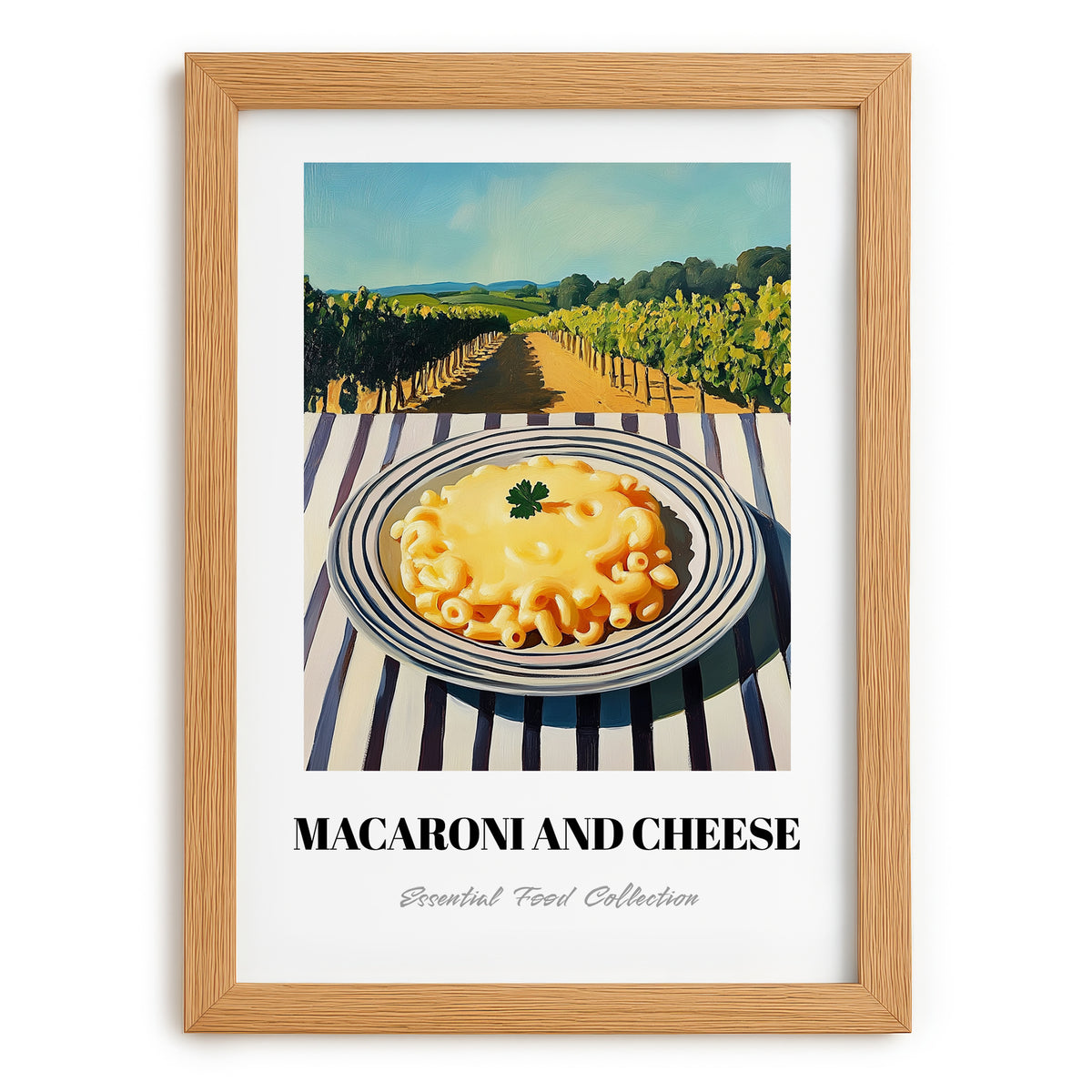 Macaroni And Cheese – Hilltop Café Scene, American Pasta Painting, set in oak frame