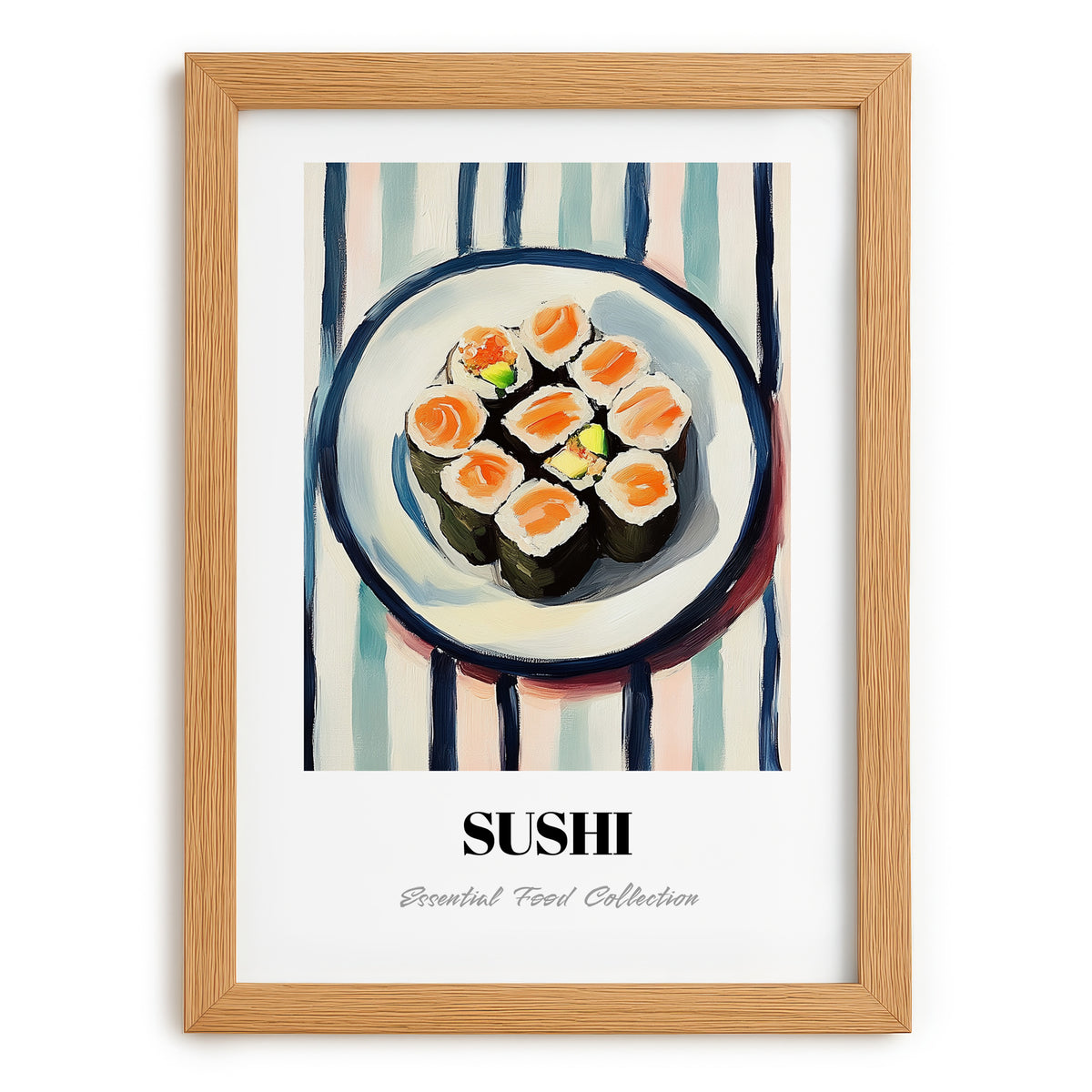 Sushi – on Striped Tablecloth, Japanese Food Illustration, set in oak frame