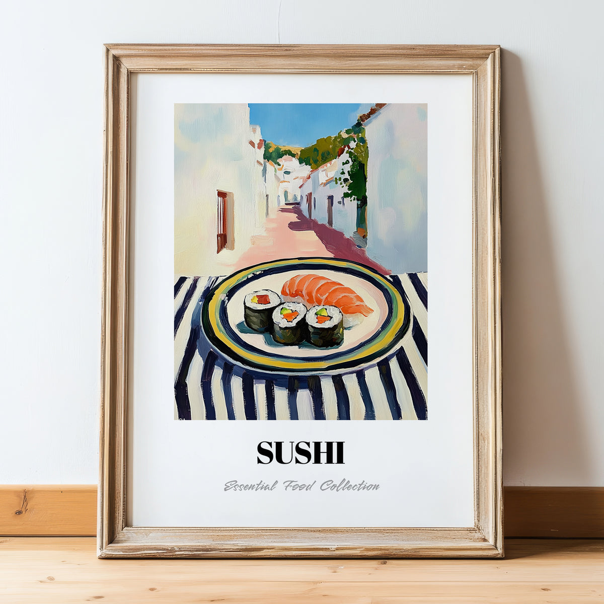 Sushi – White village Street Café Scene, Japanese Food Painting, in wooden frame leaning on the floor