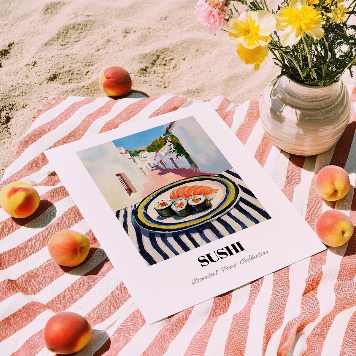 Sushi – White village Street Café Scene, Japanese Food Painting, unframed on coastal sand