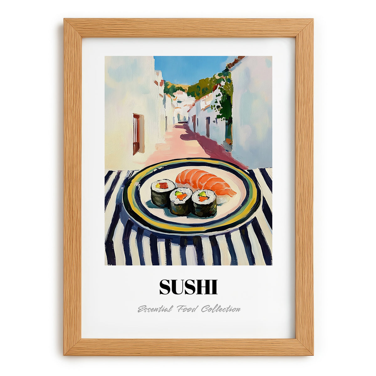 Sushi – White village Street Café Scene, Japanese Food Painting, set in oak frame