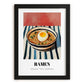 Ramen – on Striped Tablecloth, Japanese Pasta Poster, in sleek black frame