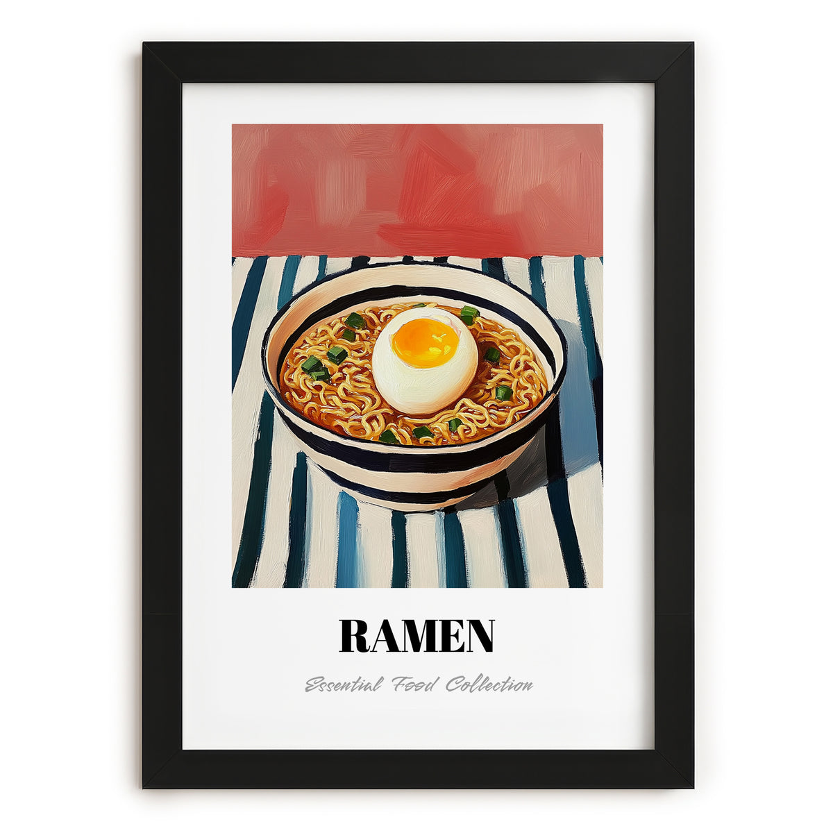 Ramen – on Striped Tablecloth, Japanese Pasta Poster, in sleek black frame
