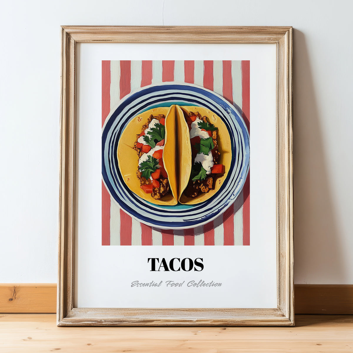 Tacos – on Striped Tablecloth, Mexican Food Art, in wooden frame leaning on the floor