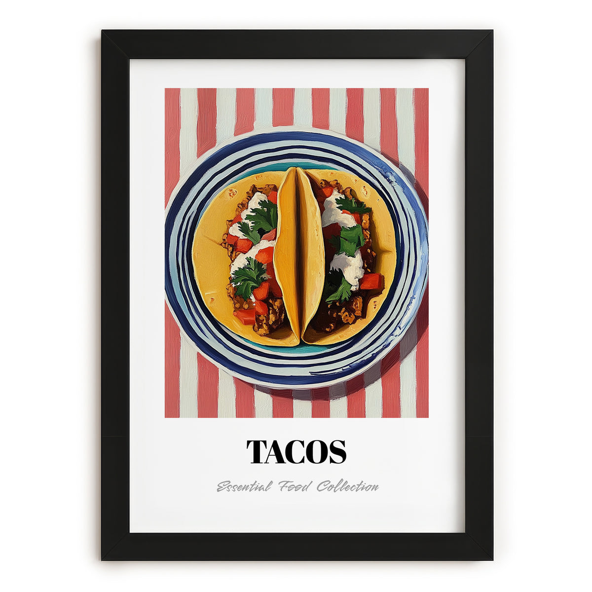 Tacos – on Striped Tablecloth, Mexican Food Art, in sleek black frame