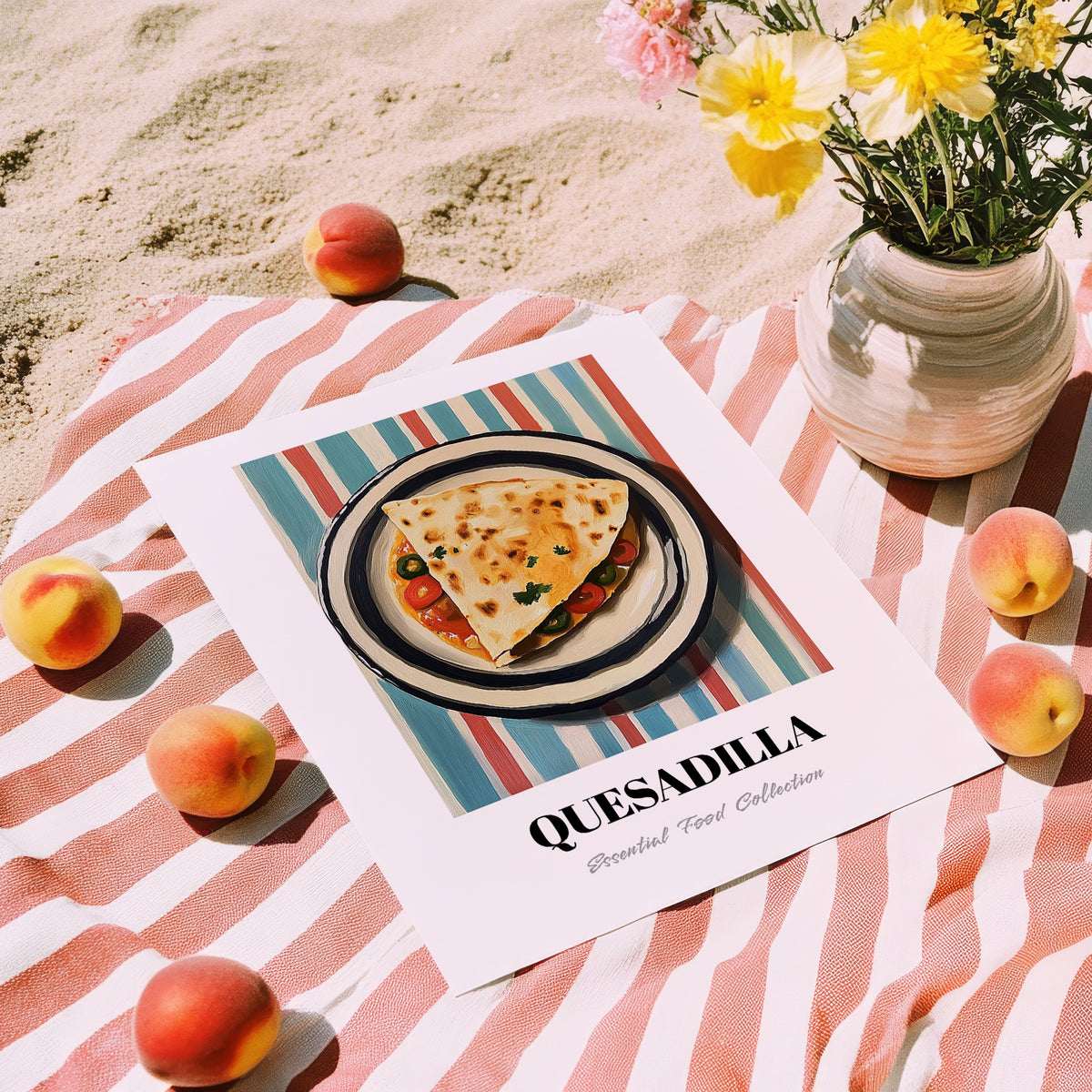 Quesadilla – on Striped Tablecloth, Mexican Cheese Wall Painting, unframed on coastal sand