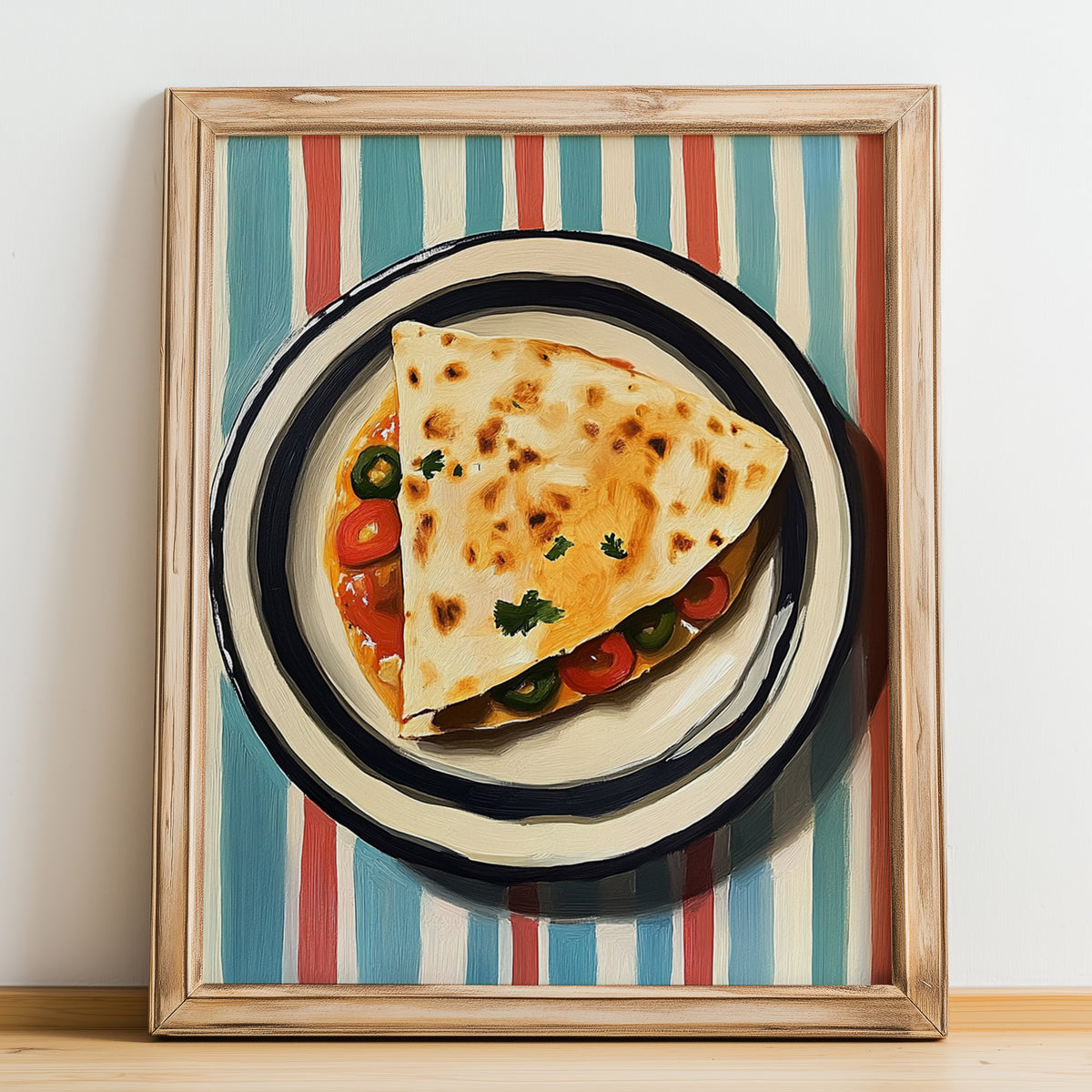 Quesadilla – on Striped Tablecloth, Mexican Cheese Wall Painting, no-text version framed in wood