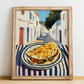 Quesadilla – White village Café on the Corner, Mexican Cheese Wall Art, no-text version framed in wood