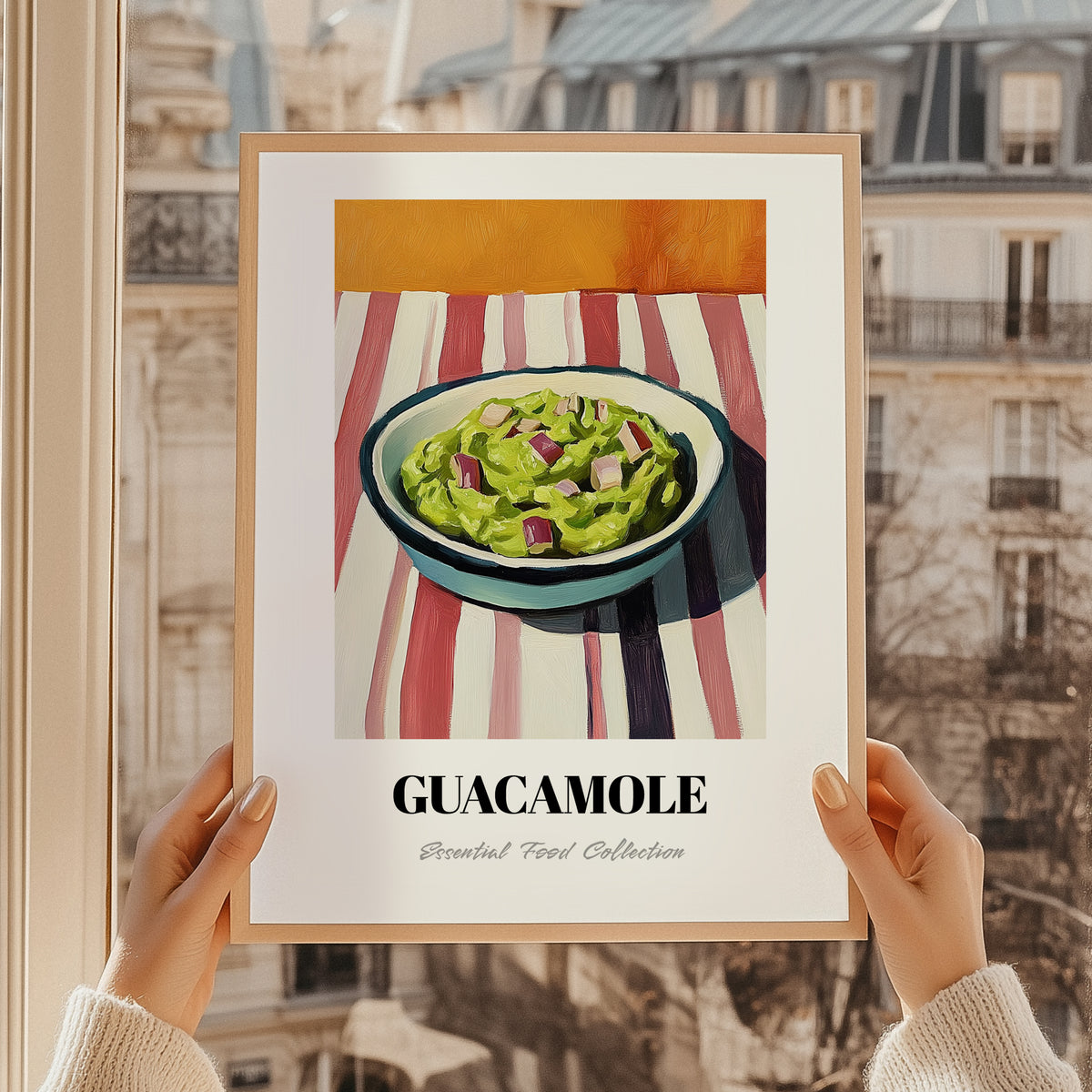 Guacamole – on Striped Tablecloth, Mexican Food Still Life, styled in a charming Paris street view