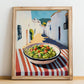 Guacamole – White village Outdoor Café Scene, Mexican Food Painting, no-text version framed in wood