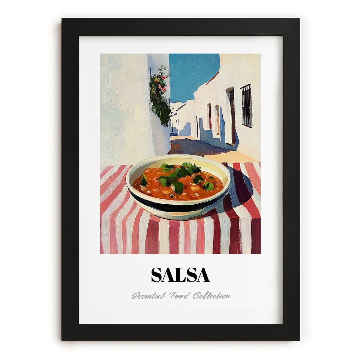 Salsa – White village Urban Café Scene, Mexican Food Illustration, in sleek black frame