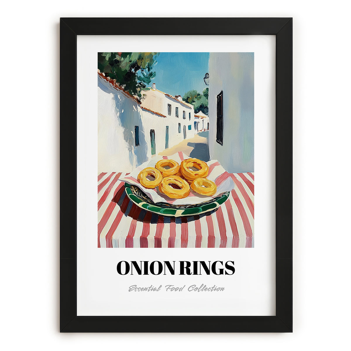Onion Rings – White village Café on the Corner, American Food Wall Decor, in sleek black frame