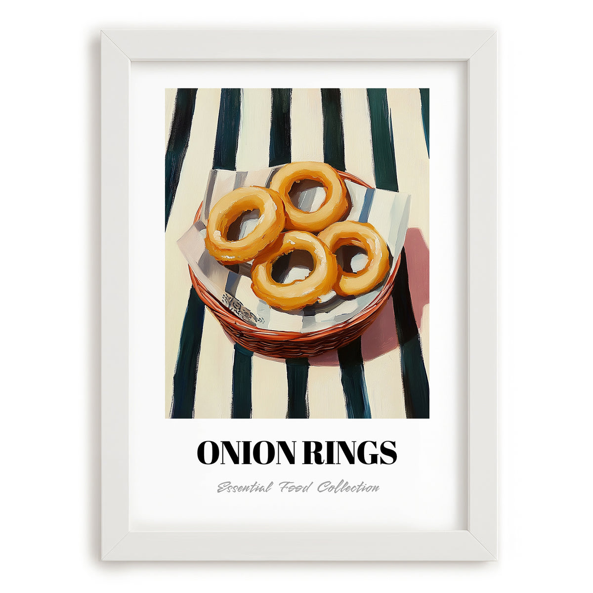 Onion Rings – on Striped Tablecloth, American Food Wall Art, placed in minimal white frame