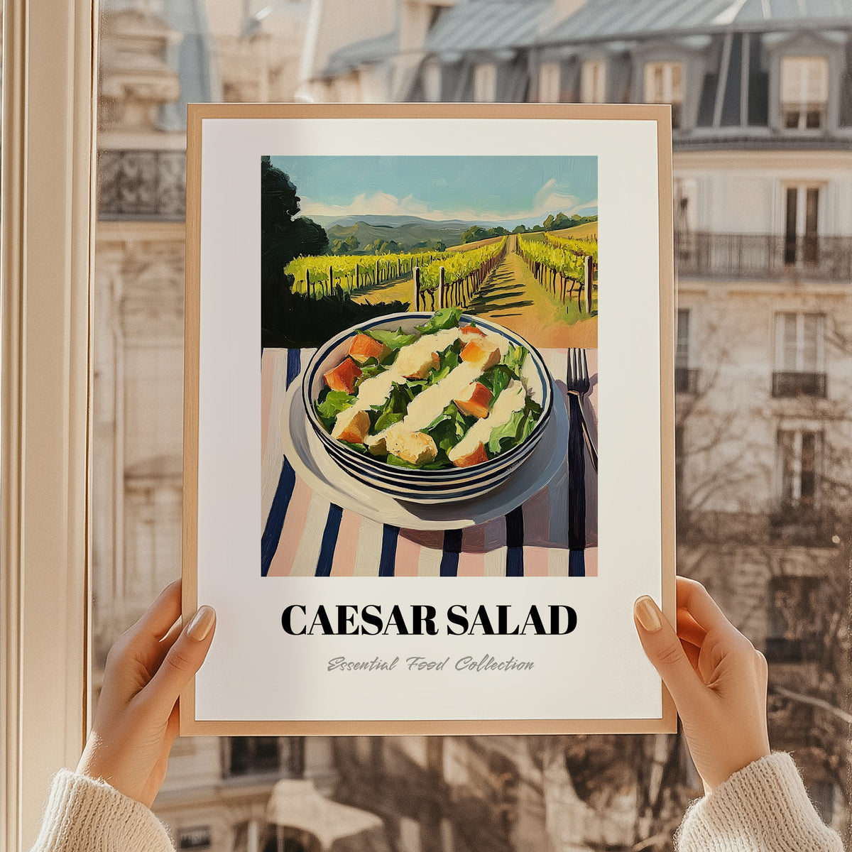 Caesar Salad – Hilltop Café Scene, American Food Art, styled in a charming Paris street view
