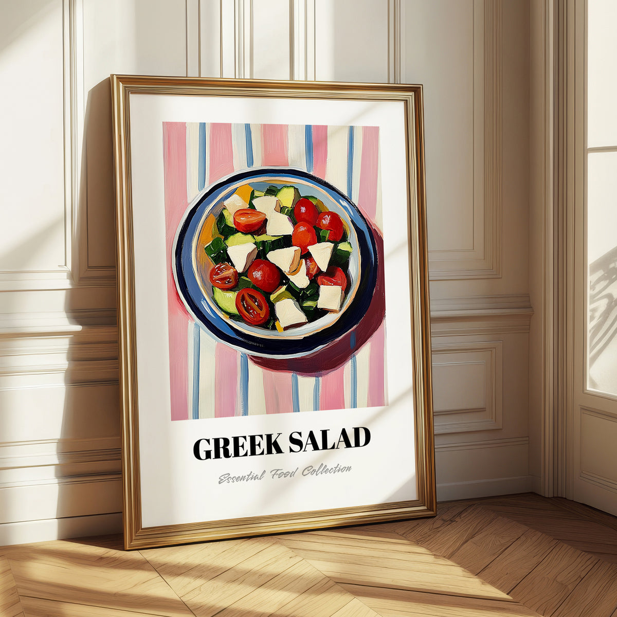 Greek Salad – on Striped Tablecloth, Greek Food Illustration
