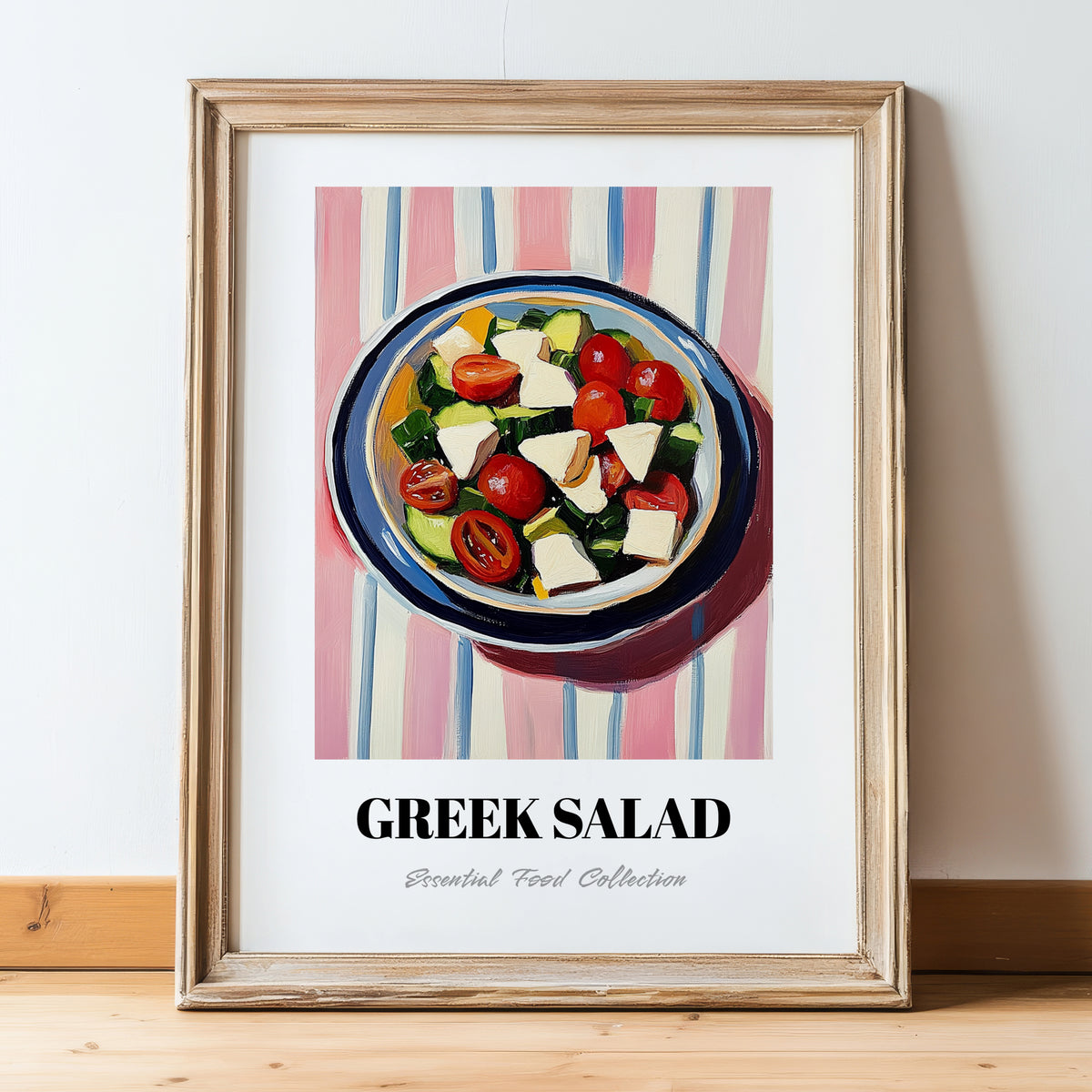 Greek Salad – on Striped Tablecloth, Greek Food Illustration, in wooden frame leaning on the floor