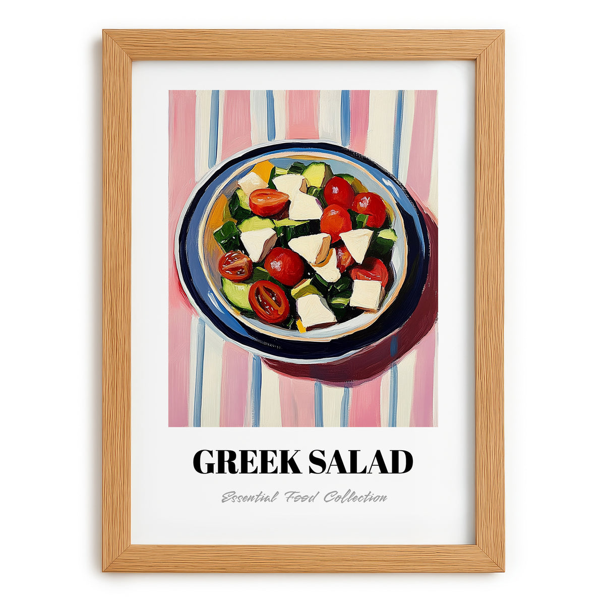 Greek Salad – on Striped Tablecloth, Greek Food Illustration, set in oak frame