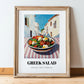 Greek Salad – White village Urban Café Scene, Greek Food Illustration, in wooden frame leaning on the floor