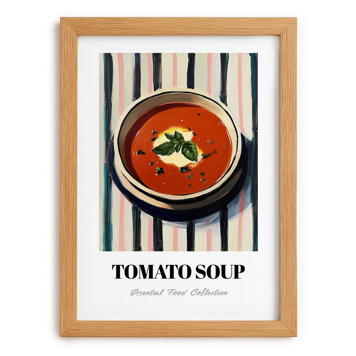 Tomato Soup – on Striped Tablecloth, American Food Art, set in oak frame